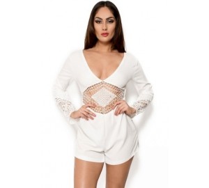 'Anahi' white lace playsuit with long sleeves